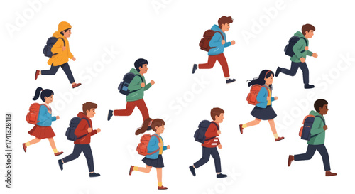 Group of Children Running with Backpacks Late for School Wearing Casual Clothes.