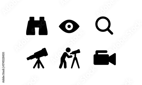 Minimalist black silhouette icons of optical tools and devices