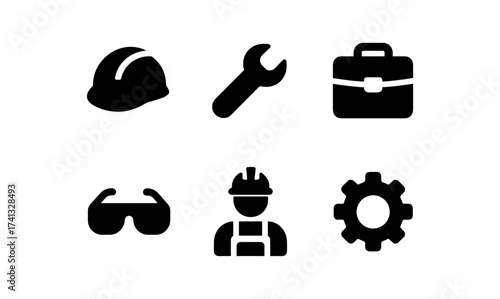 Construction and industrial icons set featuring tools, helmet, gear, worker, and safety equipment