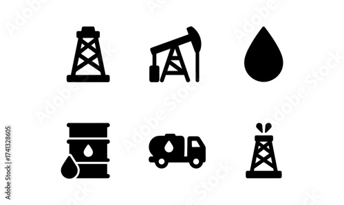 Simple icons of oil industry elements: rig, pump, barrel, droplet, tanker