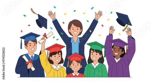 Group of Diverse Graduates Celebrating with Caps and Confetti.
