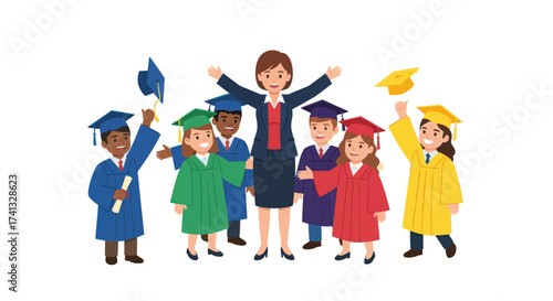 Cheerful Teacher Celebrating Graduation with Diverse Students in Gowns.