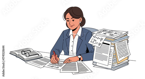 Woman working diligently at a desk piled high with documents and papers.