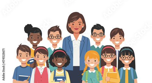 Cheerful female teacher surrounded by a diverse and happy group of young elementary students.