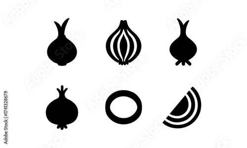 Minimalist onion silhouettes and slices in black design set
