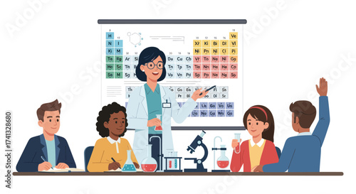 Science Teacher Explaining Periodic Table to Engaged Students in Classroom.