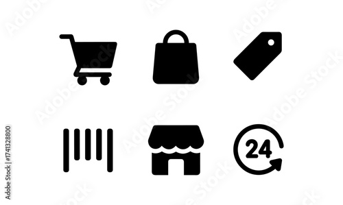 Minimalist shopping icons set: cart, bag, tag, barcode, store, 24 hours