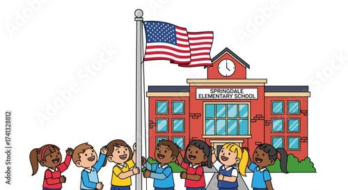 Children Raising American Flag at Elementary School.