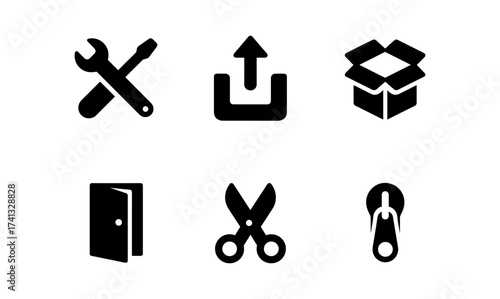 Essential tools icons set: repair, upload, packaging, door, scissors, zipper