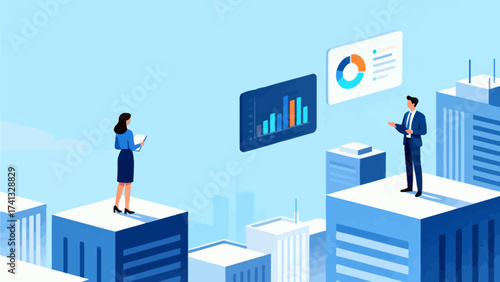 Business people analyzing data on city rooftops