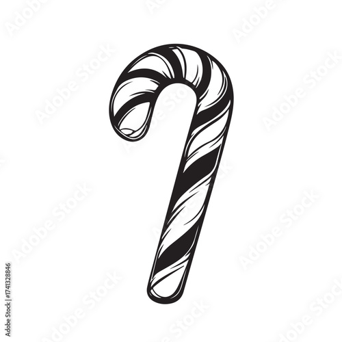 Candy cane silhouette, festive holiday vector, Christmas candy cane silhouette vector Illustration on white background, Black and white candy cane silhouette