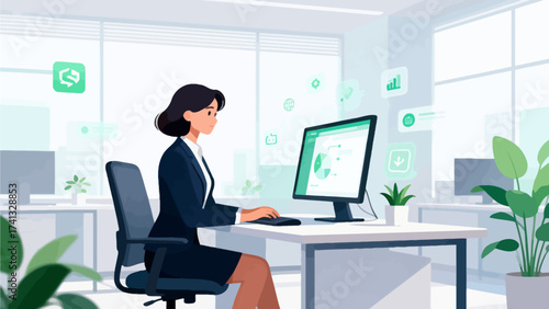 Woman working at computer in modern office