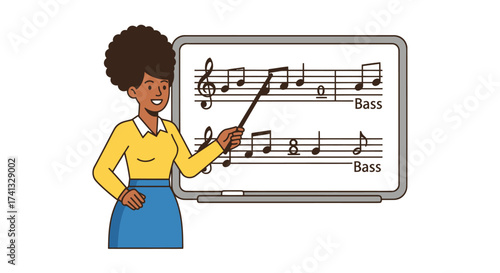 Smiling Black Woman Music Teacher Explaining Musical Notes on Whiteboard.