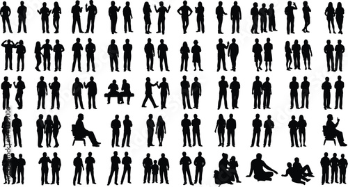 People silhouettes collection, group of men and women, teamwork, communication, business meeting, friendship, cooperation, office colleagues, social interaction, vector illustration