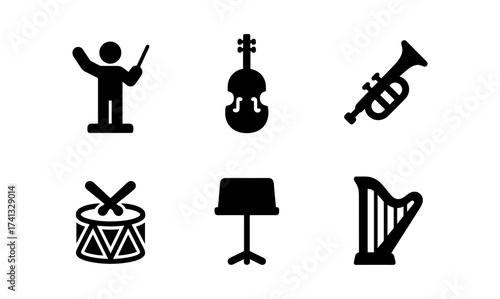 Black silhouette icons of musical instruments and conductor in minimal style