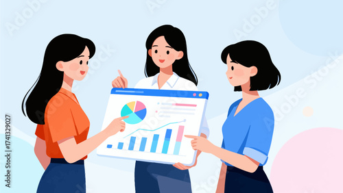 Three women reviewing data charts together