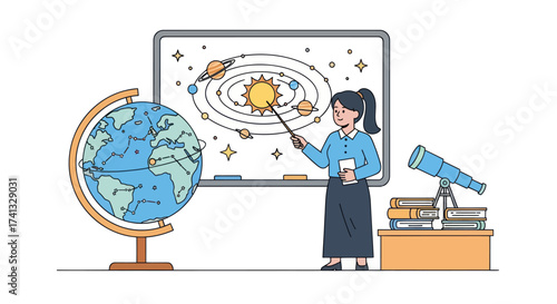 Female teacher in a classroom giving an astronomy lesson on the solar system with a globe and telescope.
