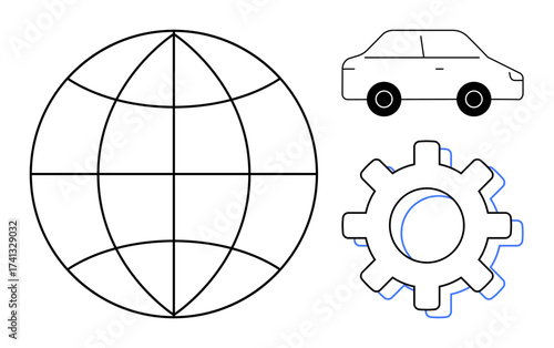 Globe, car, and gear symbolizing worldwide interaction, transportation, and technology integration. Ideal for innovation, network, automotive industry, global reach teamwork engineering progress