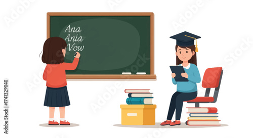 Two Cartoon Students with Blackboard and Books Studying.