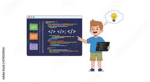 Cartoon Boy Programmer with Tablet and Code Screen Lightbulb Idea.