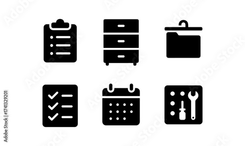 Office and organizing icons set featuring checklist, calendar, tools