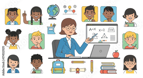 Diverse group of children and teacher in a classroom setting with educational elements.