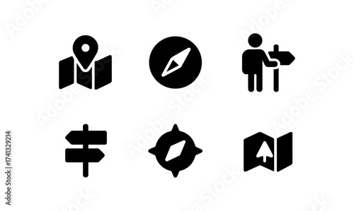 Minimalist navigation icons set featuring maps, compass, and signage symbols