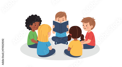 A diverse group of young children sitting in a circle listening to a story being read from a book.