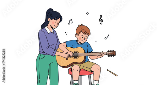 Guitar Lesson: Woman Teaching Boy to Play Acoustic Guitar.