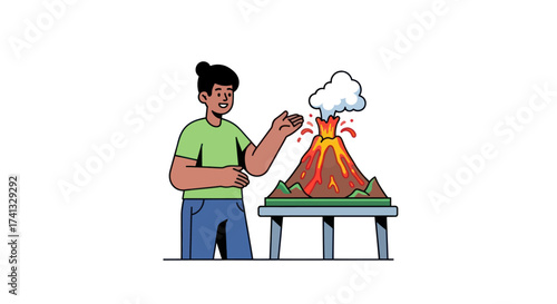 Young Man Observing a Model Volcano Erupting with Smoke.