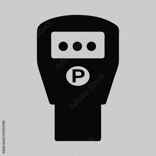 Black parking meter icon with digital display and 'P' symbol on gray background