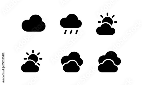 Minimalist weather icons set: sun, clouds, rain simple symbols for forecast design