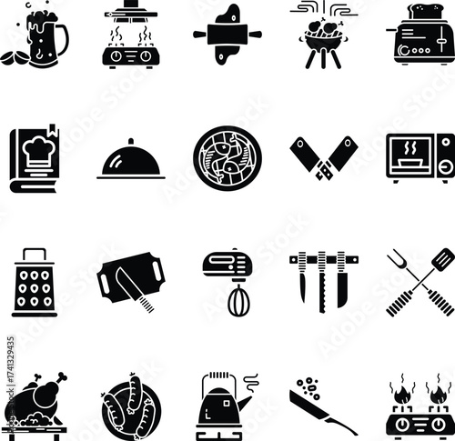 Cooking and food icon set. For food preparation with various kitchen tools and ingredients, suitable for culinary websites, recipes, and cooking blogs. Solid icon collection. Editable stroke