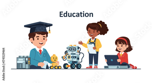 Diverse children engaged in STEM education with robots and laptops.