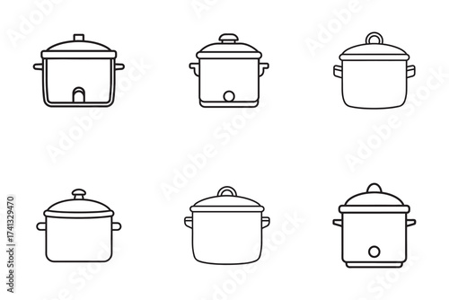 Six Monochrome Line Art Illustrations of Cooking Pots and Slow Cookers for Culinary Concepts and Kitchenware