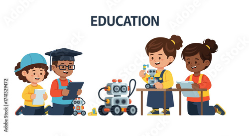 Diverse group of cartoon children learning robotics in a STEM education class.