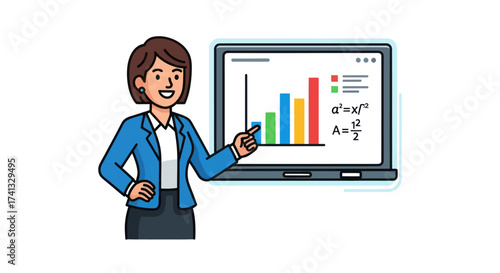 Smiling Woman Presenting Colorful Bar Graph and Equations on Laptop Screen.