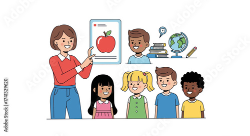 Teacher Teaching Children About Apple with Illustration.