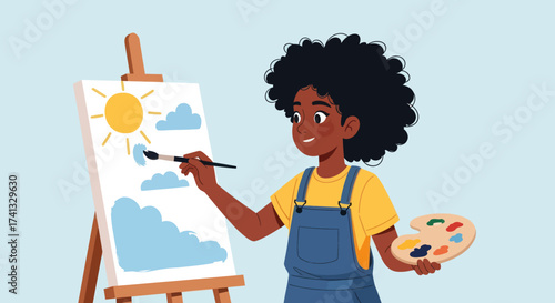 Young Black child with curly hair painting a sunny sky on an easel.