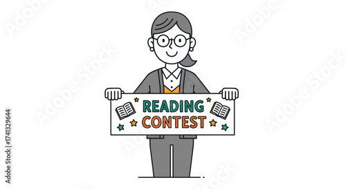 Cartoon illustration of a smiling teacher or librarian holding a Reading Contest banner.