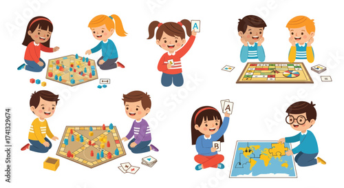 Cartoon Children Playing Board Games and Card Games Together.