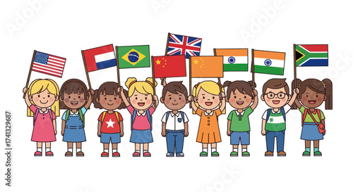 Diverse Group of Children Holding International Flags Celebrating Unity and Global Community.