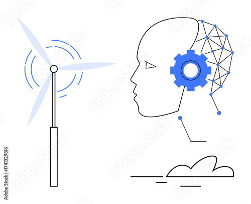 Human head fused with gear and neural network next to a wind turbine, representing AI integration with renewable energy. Ideal for technology, sustainability, innovation, energy, artificial