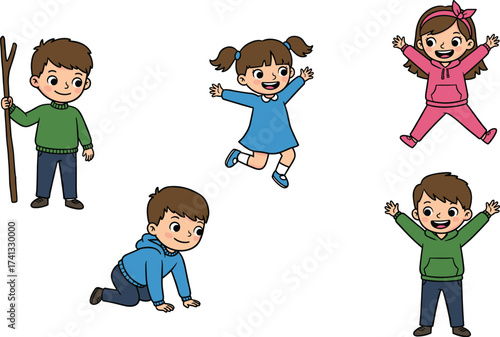 Cartoon children playing, happy kids jumping, crawling, standing, colorful outfits, joyful childhood activities, fun poses, playful expressions, group of children illustration
