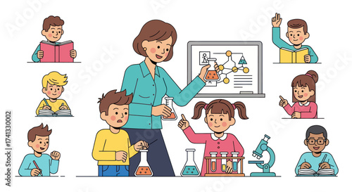 Teacher Explaining Science Experiment to Curious Students in Classroom.