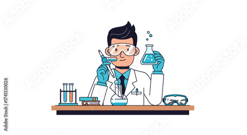 Scientist in Lab Coat Conducting Experiment with Beakers and Test Tubes.