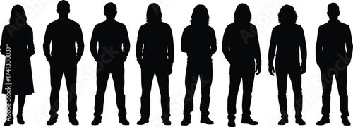 Silhouette group of diverse people standing together, business teamwork concept, human figures in line, isolated black shadows, professional corporate illustration