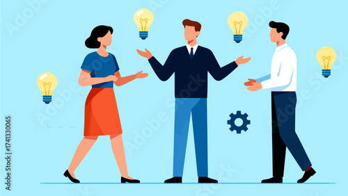 Three people discussing ideas with lightbulbs