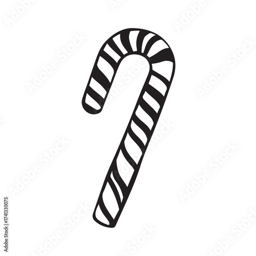Candy cane silhouette, festive holiday vector, Christmas candy cane silhouette vector Illustration on white background, Black and white candy cane silhouette