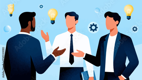 Three men in business attire discussing ideas